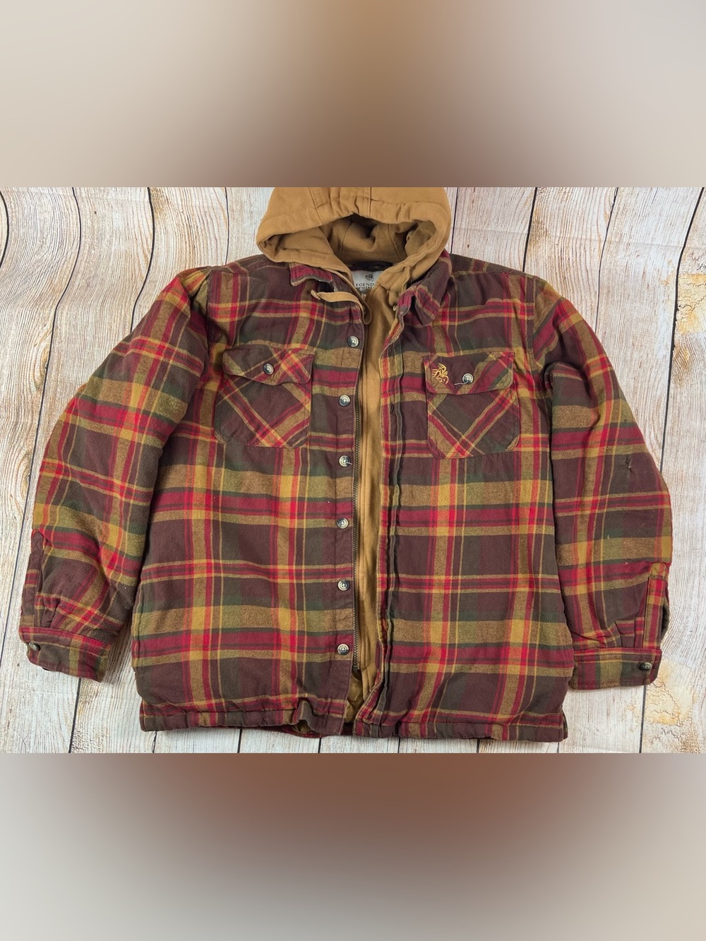 Legendary Whitetails Jacket Red Brown Plaid Flannel Hooded Quilted Shacket XL